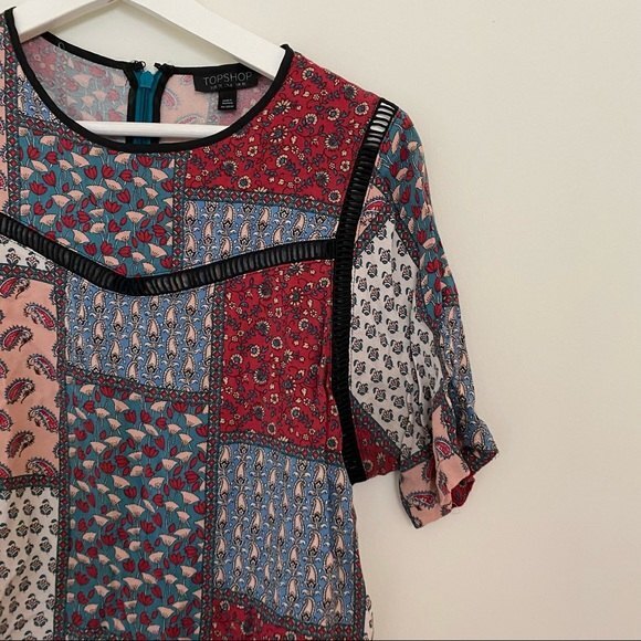 Topshop Blouse Colorful Patchwork Short Sleeve Top Boho Multicolor Pattern Small - Picture 4 of 8